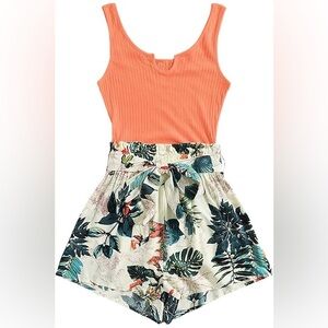 Casual Sleeveless Jumpsuits Summer Tropical Belted Shorts Tank Romper